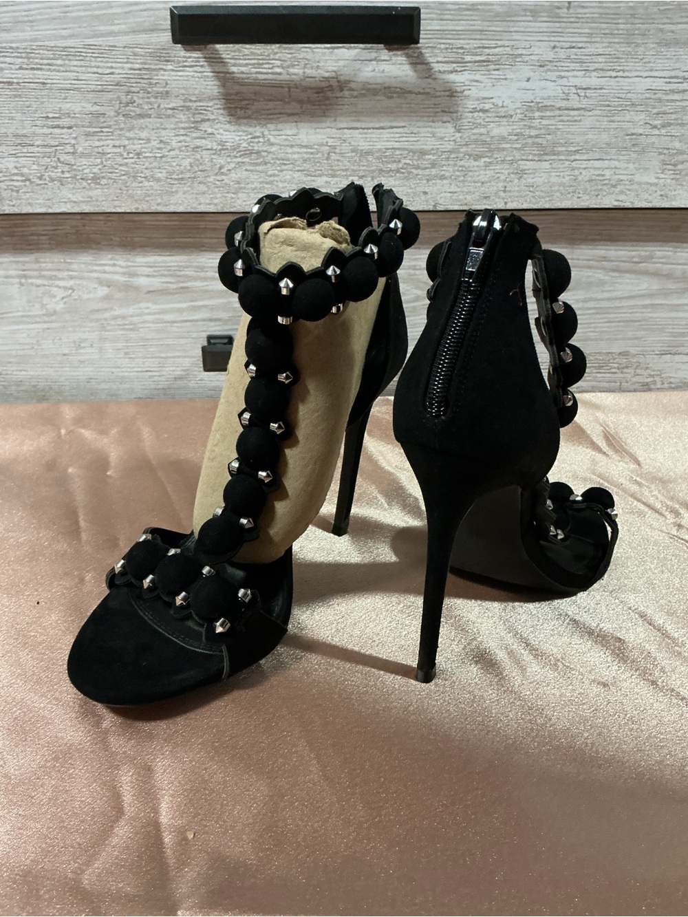 Black Beaded T-Strap Stiletto Sandals